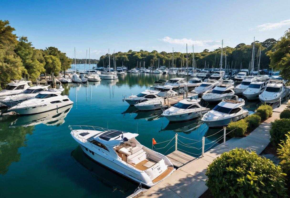 A serene marina with various yachts and boats docked, showcasing a diverse array of insurance service signs prominently displayed. In the foreground, a couple thoughtfully reviews insurance paperwork with a friendly insurance agent, surrounded by calm waters and lush greenery. The sky is clear with soft sunlight reflecting off the water, creating a sense of peace and confidence. super-realistic. vibrant colors. 3D.