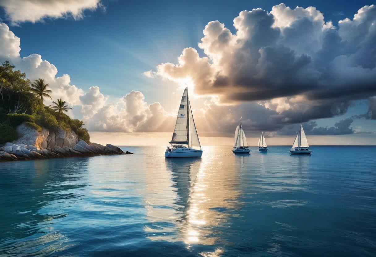 A serene coastal landscape featuring a luxurious yacht sailing smoothly on calm waters, with sunlight glistening on the waves. In the foreground, icons representing insurance coverage, like shields and documents, blend subtly into the scene. The sky is a vibrant blue with fluffy white clouds, conveying a sense of peace and safety. A distant shoreline dotted with various boats adds depth to the image. super-realistic. vibrant colors.
